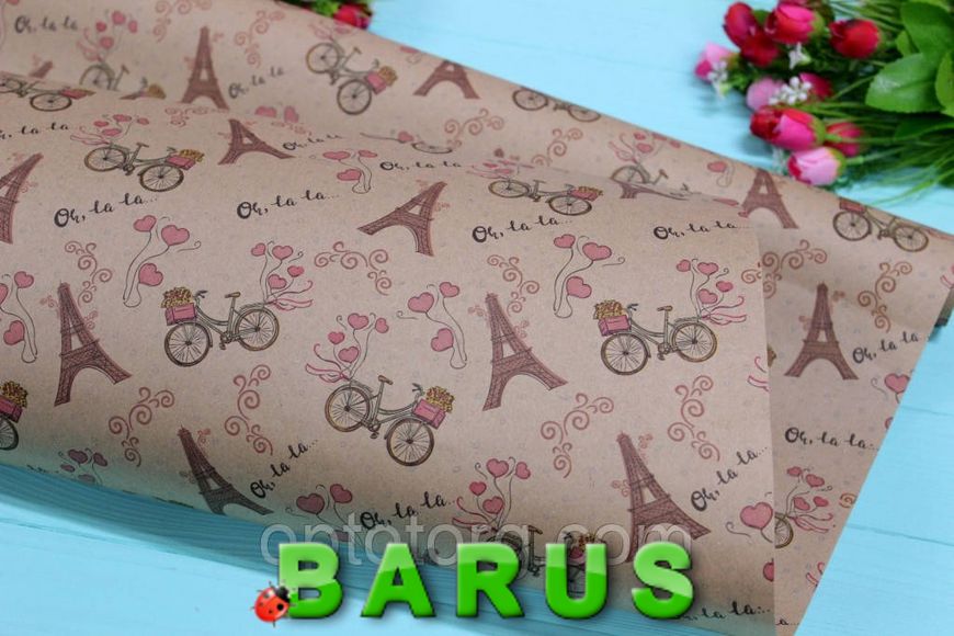 Подарунковий пакувальний крафт-пакет папір для квітів і подарунків 70*100 см 10 аркушів/паковання Париж шары велосипед фото