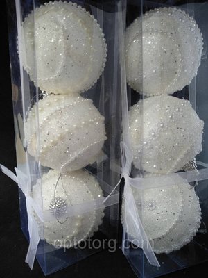 Новорічні прикраси на ялинку Набори куль білі з прикрасою 8 см 3 шт. YU-40 фото
