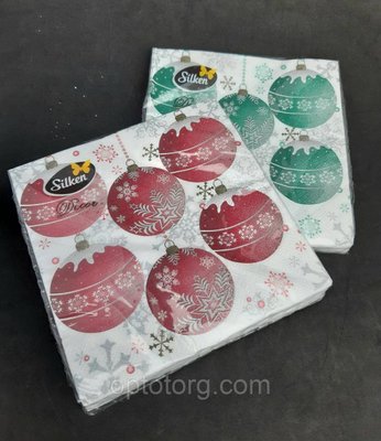 Новорічні паперові серветки Silken "Новорічні кулі" 3 шари 18 штук 1523090722 фото