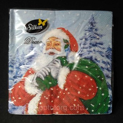 Новорічні паперові серветки Silken "Дід Мороз з мішком" 3 шари 18 штук 1290852668 фото