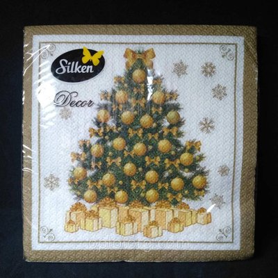 Новорічні паперові серветки Silken "Ялинка з іграшками золотими" 2 шари 16 штук 1061153067 фото